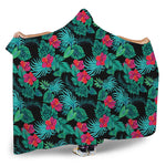Turquoise Hawaiian Palm Leaves Print Hooded Blanket