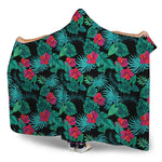 Turquoise Hawaiian Palm Leaves Print Hooded Blanket