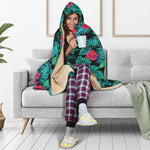 Turquoise Hawaiian Palm Leaves Print Hooded Blanket