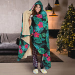 Turquoise Hawaiian Palm Leaves Print Hooded Blanket