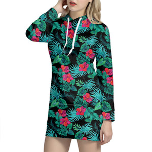 Turquoise Hawaiian Palm Leaves Print Hoodie Dress