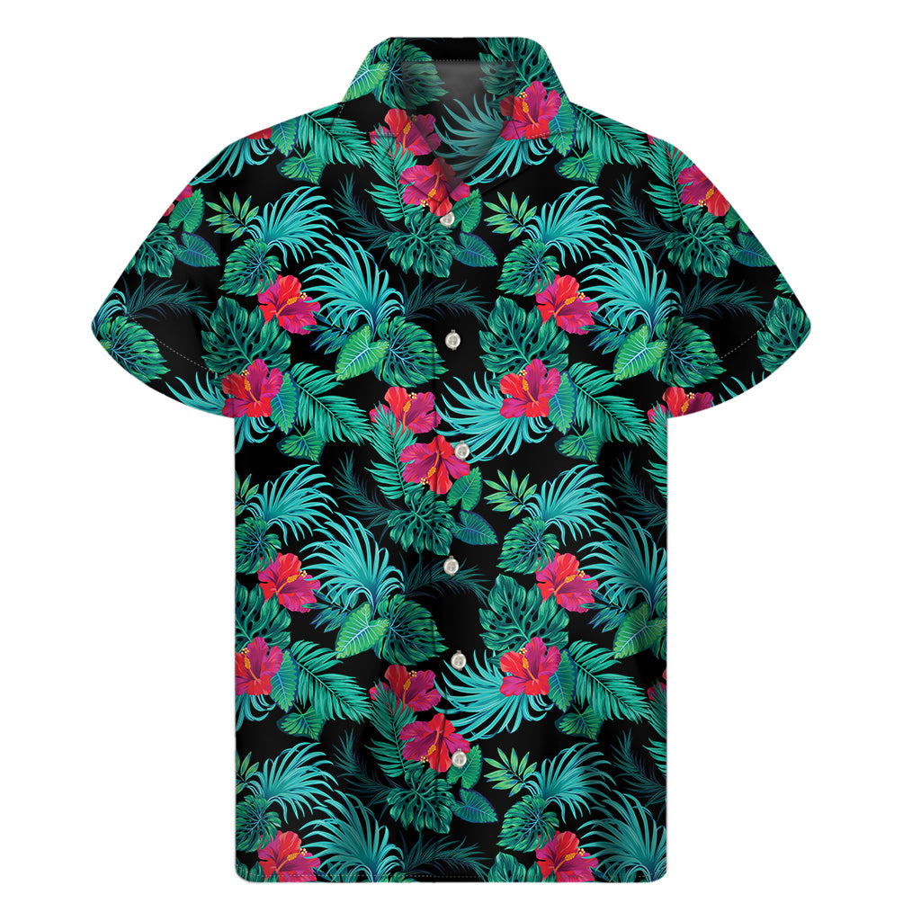 Turquoise Hawaiian Palm Leaves Print Men's Short Sleeve Shirt