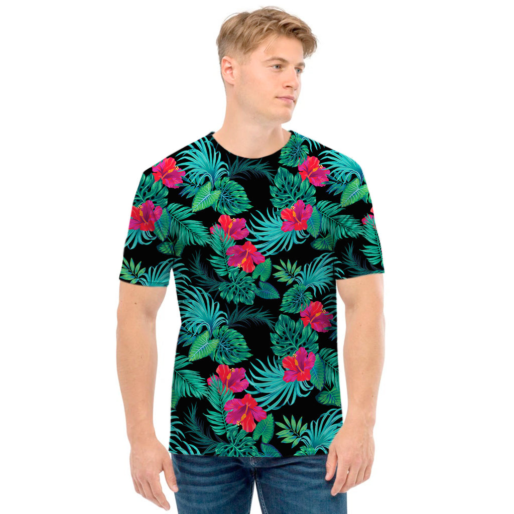 Turquoise Hawaiian Palm Leaves Print Men's T-Shirt