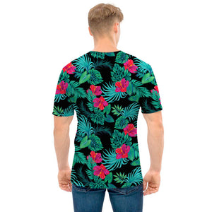 Turquoise Hawaiian Palm Leaves Print Men's T-Shirt