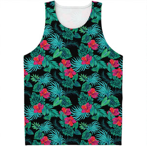 Turquoise Hawaiian Palm Leaves Print Men's Tank Top