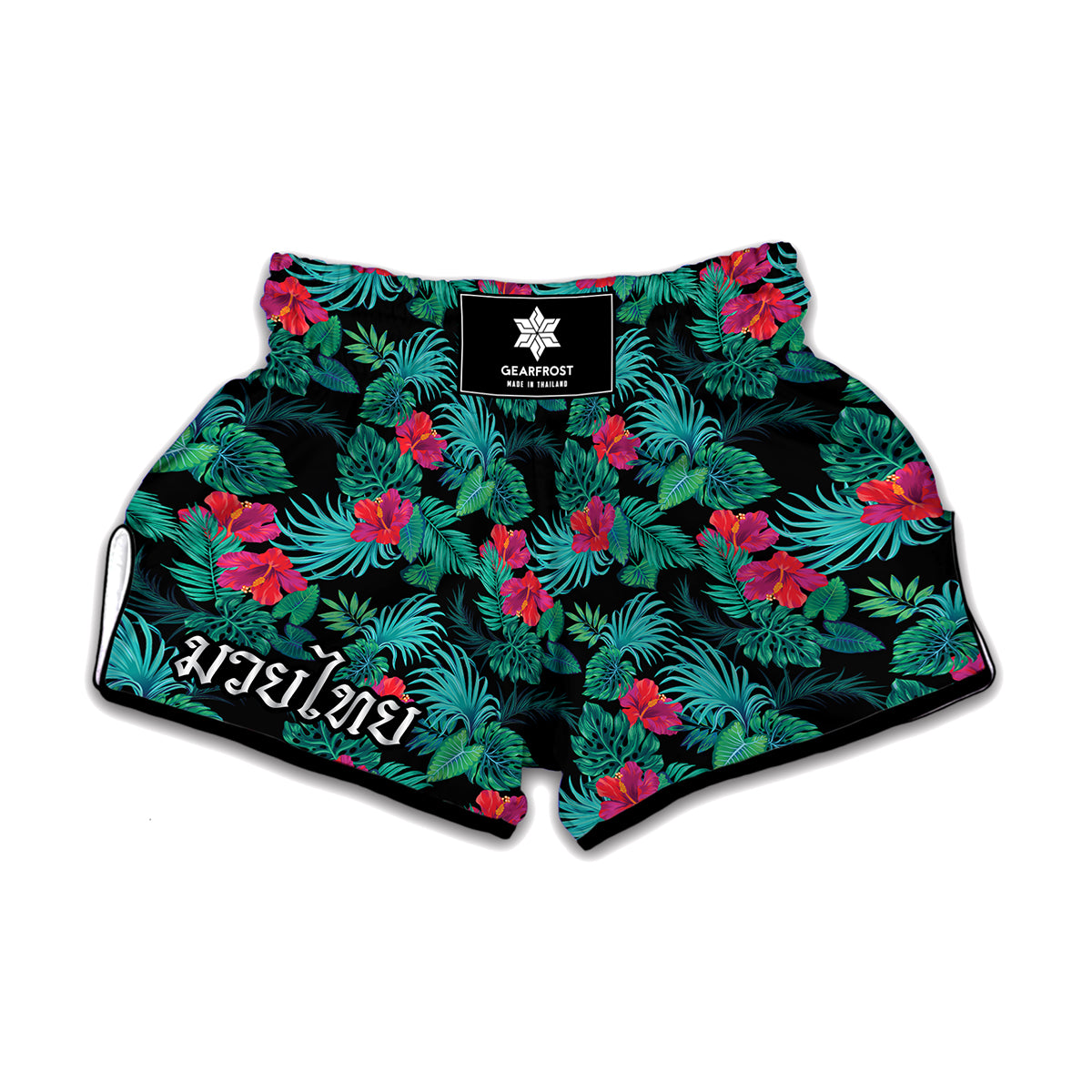 Turquoise Hawaiian Palm Leaves Print Muay Thai Boxing Shorts