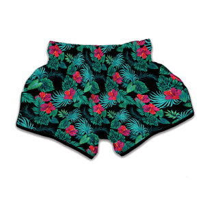 Turquoise Hawaiian Palm Leaves Print Muay Thai Boxing Shorts