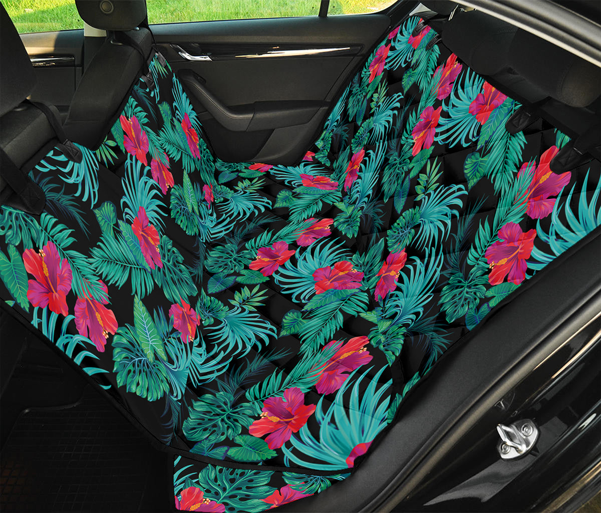 Turquoise Hawaiian Palm Leaves Print Pet Car Back Seat Cover