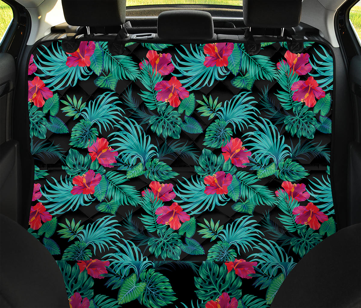 Turquoise Hawaiian Palm Leaves Print Pet Car Back Seat Cover