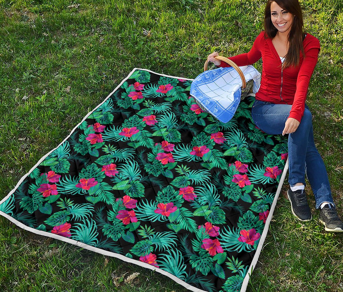 Turquoise Hawaiian Palm Leaves Print Quilt