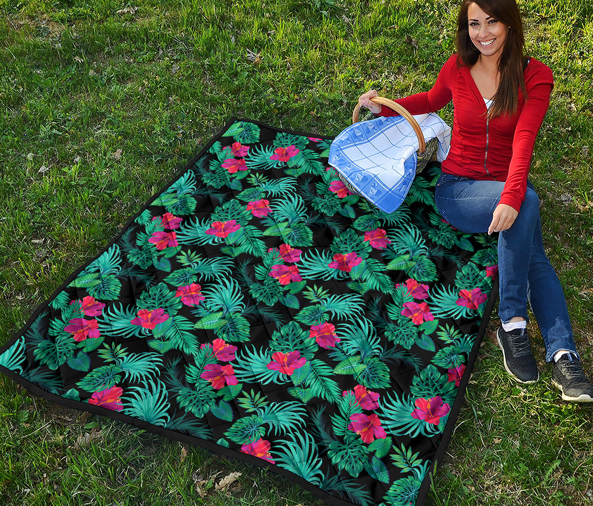 Turquoise Hawaiian Palm Leaves Print Quilt