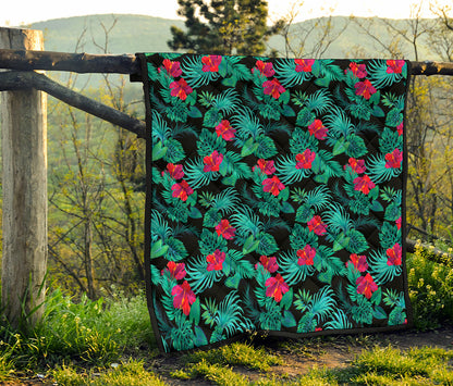 Turquoise Hawaiian Palm Leaves Print Quilt