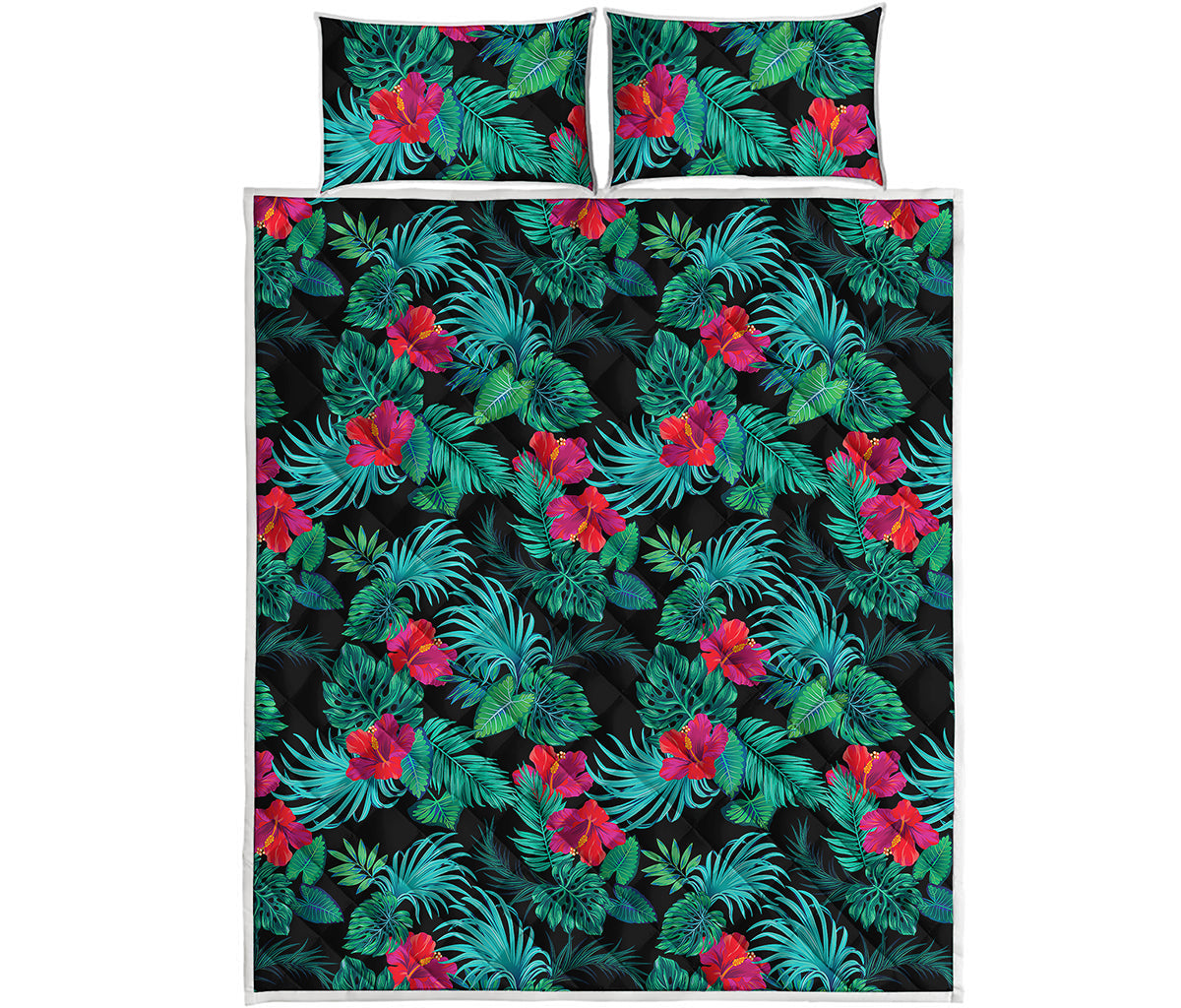 Turquoise Hawaiian Palm Leaves Print Quilt Bed Set