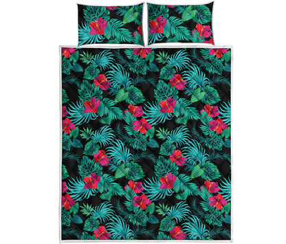 Turquoise Hawaiian Palm Leaves Print Quilt Bed Set