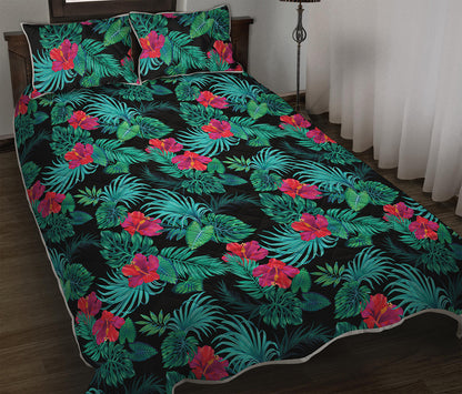 Turquoise Hawaiian Palm Leaves Print Quilt Bed Set