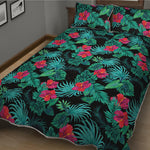 Turquoise Hawaiian Palm Leaves Print Quilt Bed Set