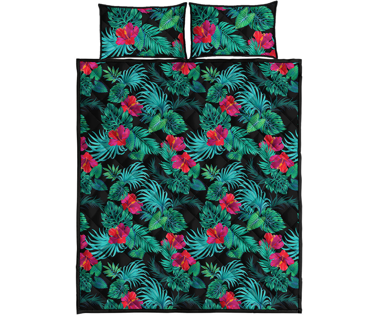 Turquoise Hawaiian Palm Leaves Print Quilt Bed Set