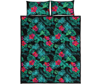 Turquoise Hawaiian Palm Leaves Print Quilt Bed Set
