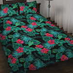 Turquoise Hawaiian Palm Leaves Print Quilt Bed Set