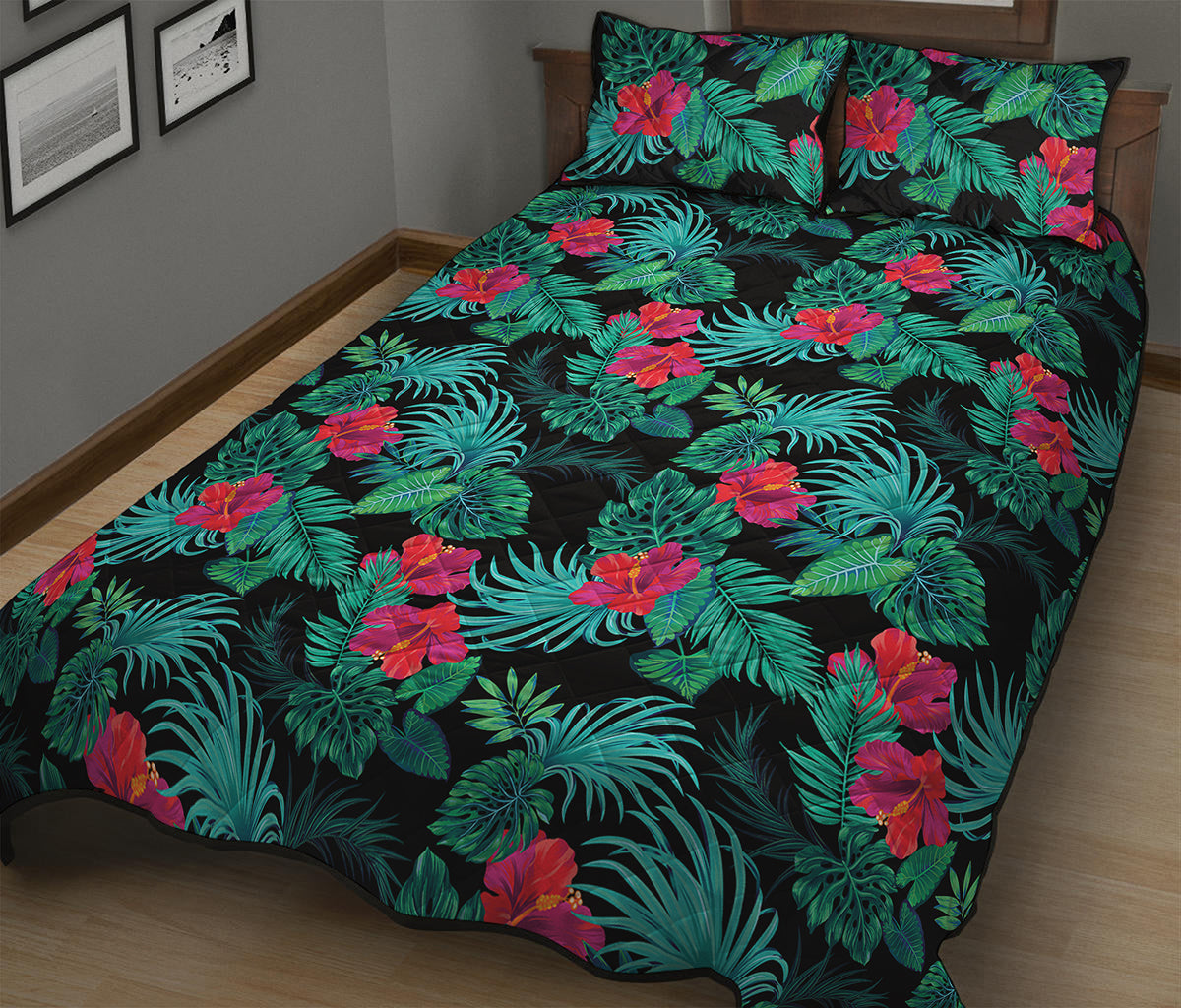 Turquoise Hawaiian Palm Leaves Print Quilt Bed Set