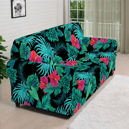 Turquoise Hawaiian Palm Leaves Print Sofa Cover