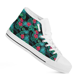 Turquoise Hawaiian Palm Leaves Print White High Top Shoes