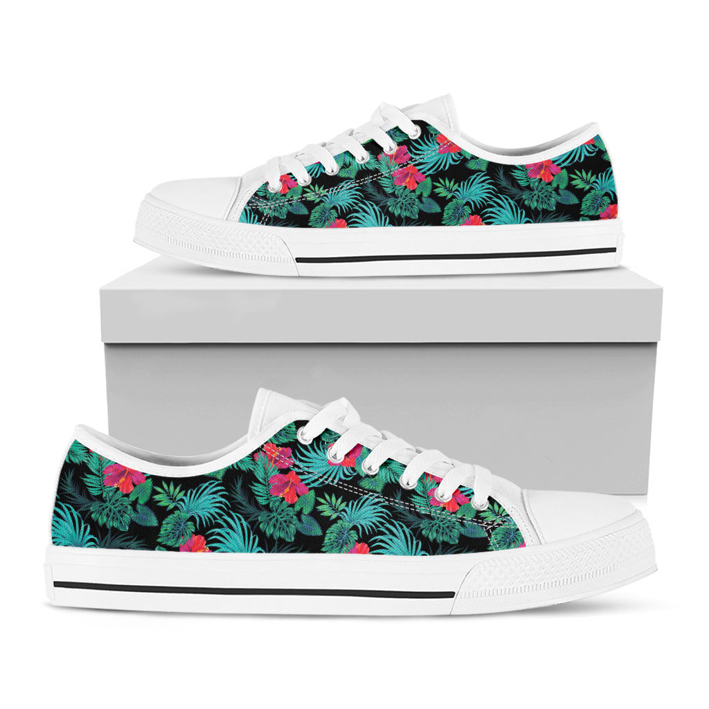 Turquoise Hawaiian Palm Leaves Print White Low Top Shoes