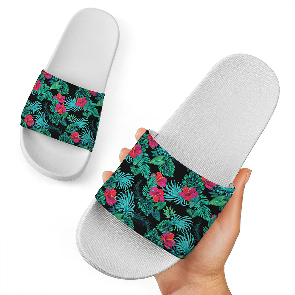 Turquoise Hawaiian Palm Leaves Print White Slide Sandals