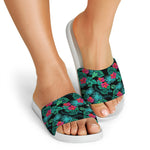 Turquoise Hawaiian Palm Leaves Print White Slide Sandals