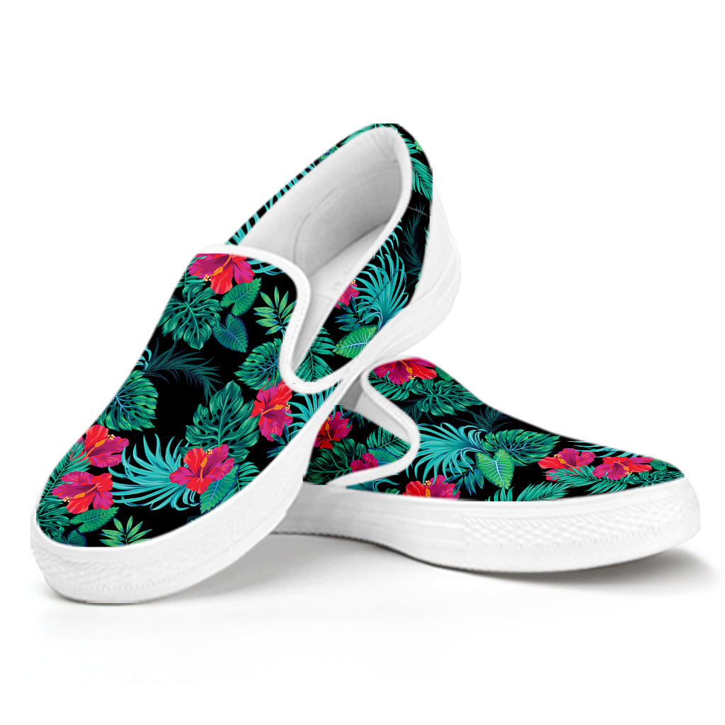 Turquoise Hawaiian Palm Leaves Print White Slip On Shoes