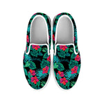 Turquoise Hawaiian Palm Leaves Print White Slip On Shoes