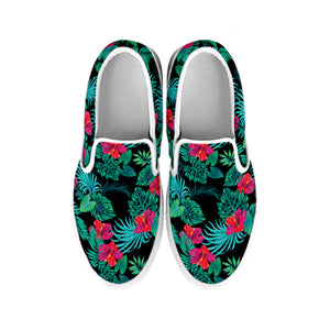 Turquoise Hawaiian Palm Leaves Print White Slip On Shoes