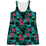 Turquoise Hawaiian Palm Leaves Print Women's Racerback Tank Top