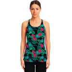 Turquoise Hawaiian Palm Leaves Print Women's Racerback Tank Top