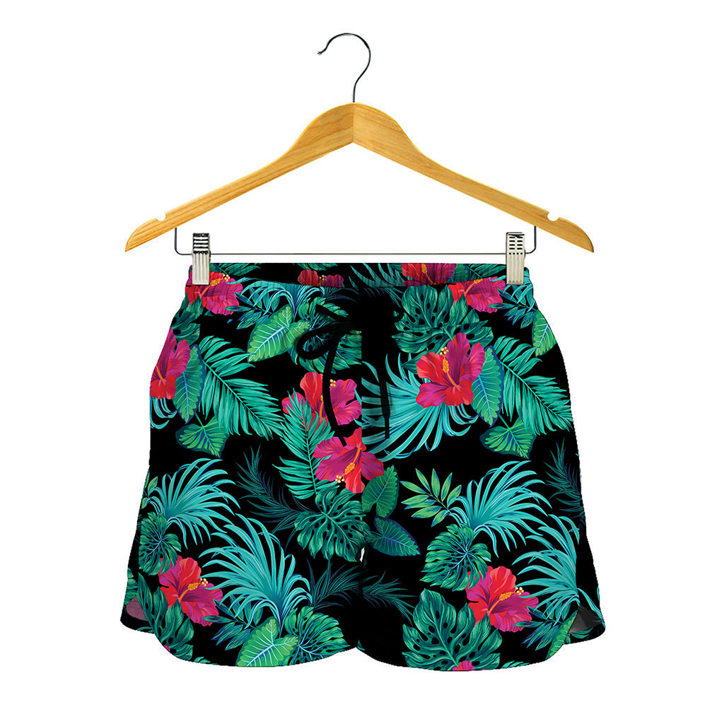 Turquoise Hawaiian Palm Leaves Print Women's Shorts