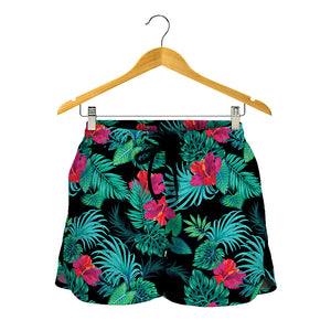 Turquoise Hawaiian Palm Leaves Print Women's Shorts