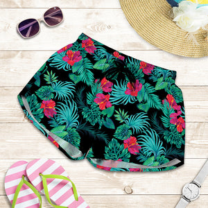 Turquoise Hawaiian Palm Leaves Print Women's Shorts