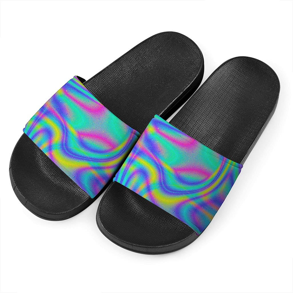 Turquoise Holographic Trippy Print Black Slide Sandals