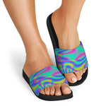 Turquoise Holographic Trippy Print Black Slide Sandals