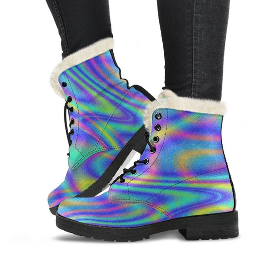 Turquoise Holographic Trippy Print Comfy Boots GearFrost