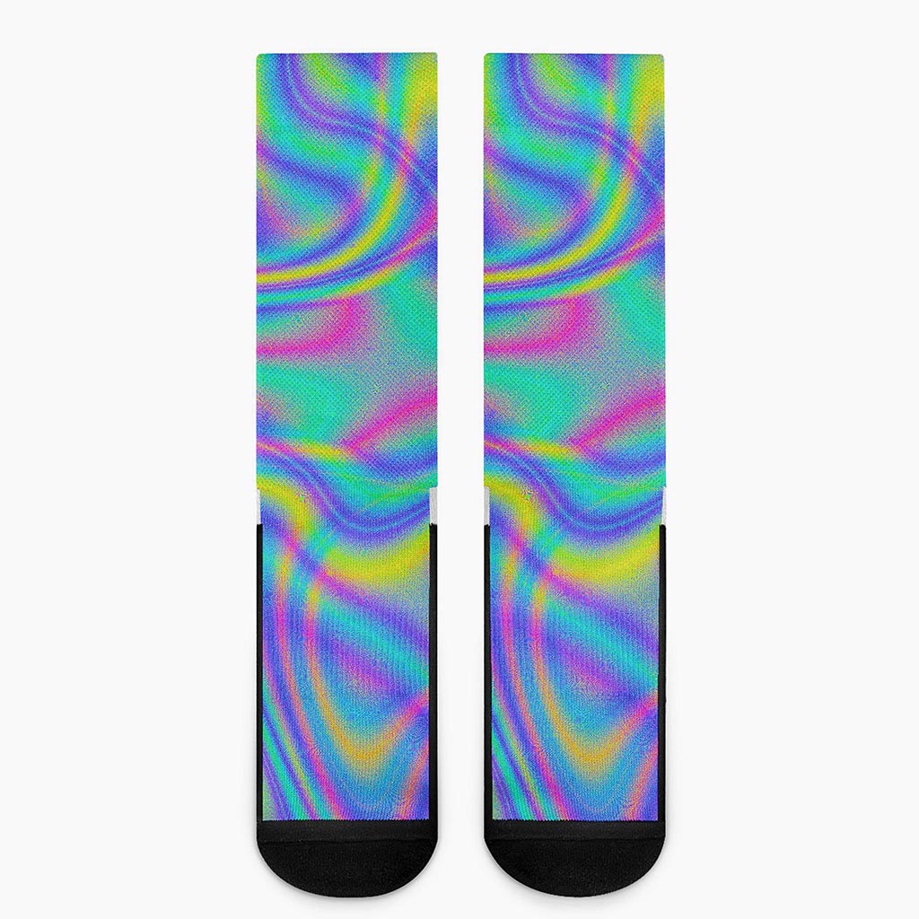 Turquoise Holographic Trippy Print Crew Socks