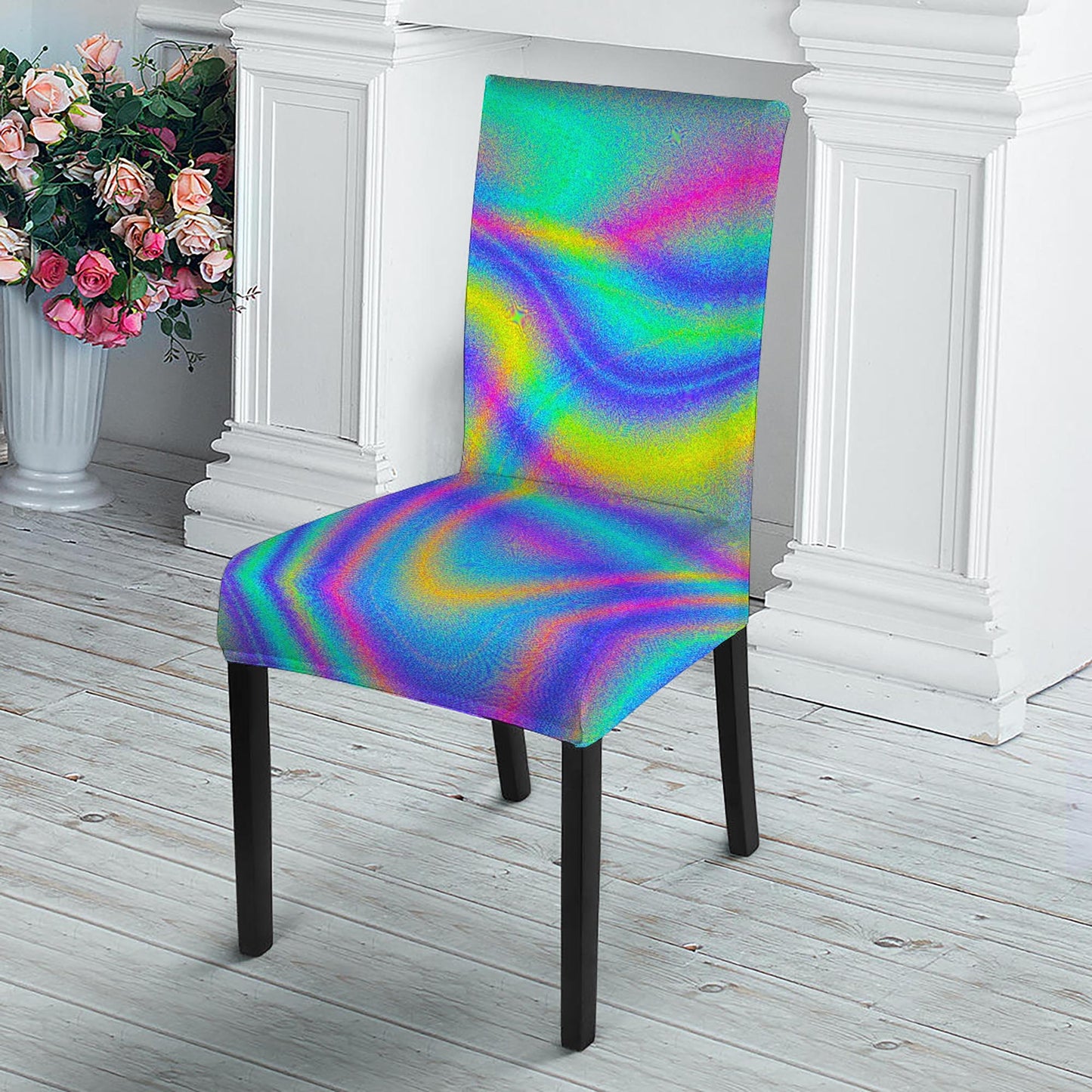 Turquoise Holographic Trippy Print Dining Chair Slipcover
