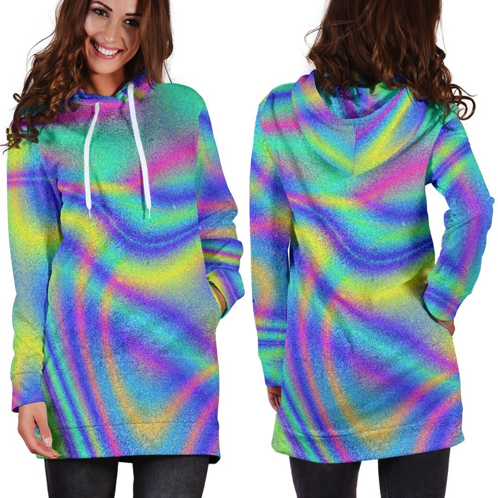 Turquoise Holographic Trippy Print Hoodie Dress GearFrost