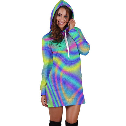 Turquoise Holographic Trippy Print Hoodie Dress GearFrost