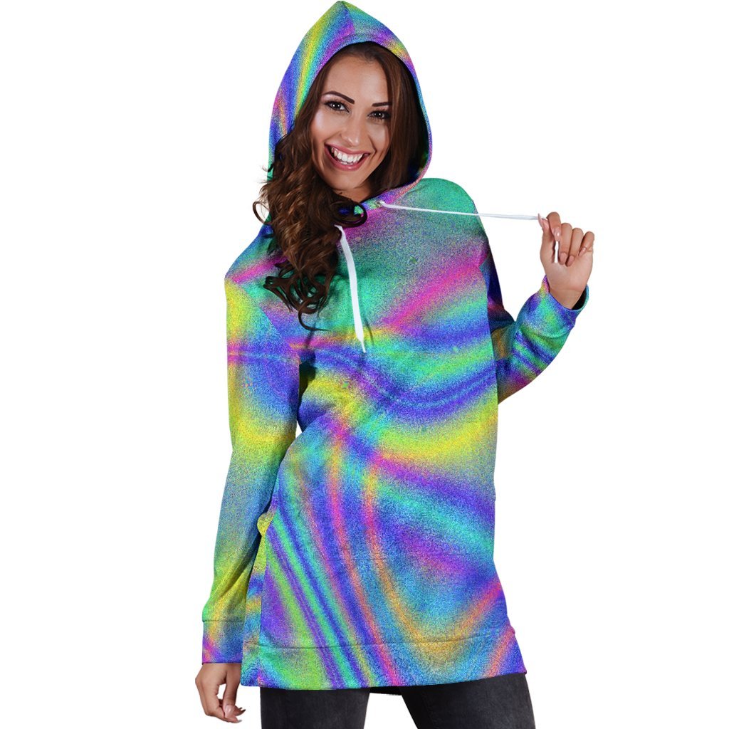 Turquoise Holographic Trippy Print Hoodie Dress GearFrost