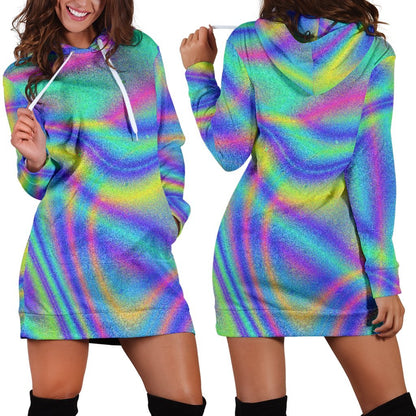 Turquoise Holographic Trippy Print Hoodie Dress GearFrost