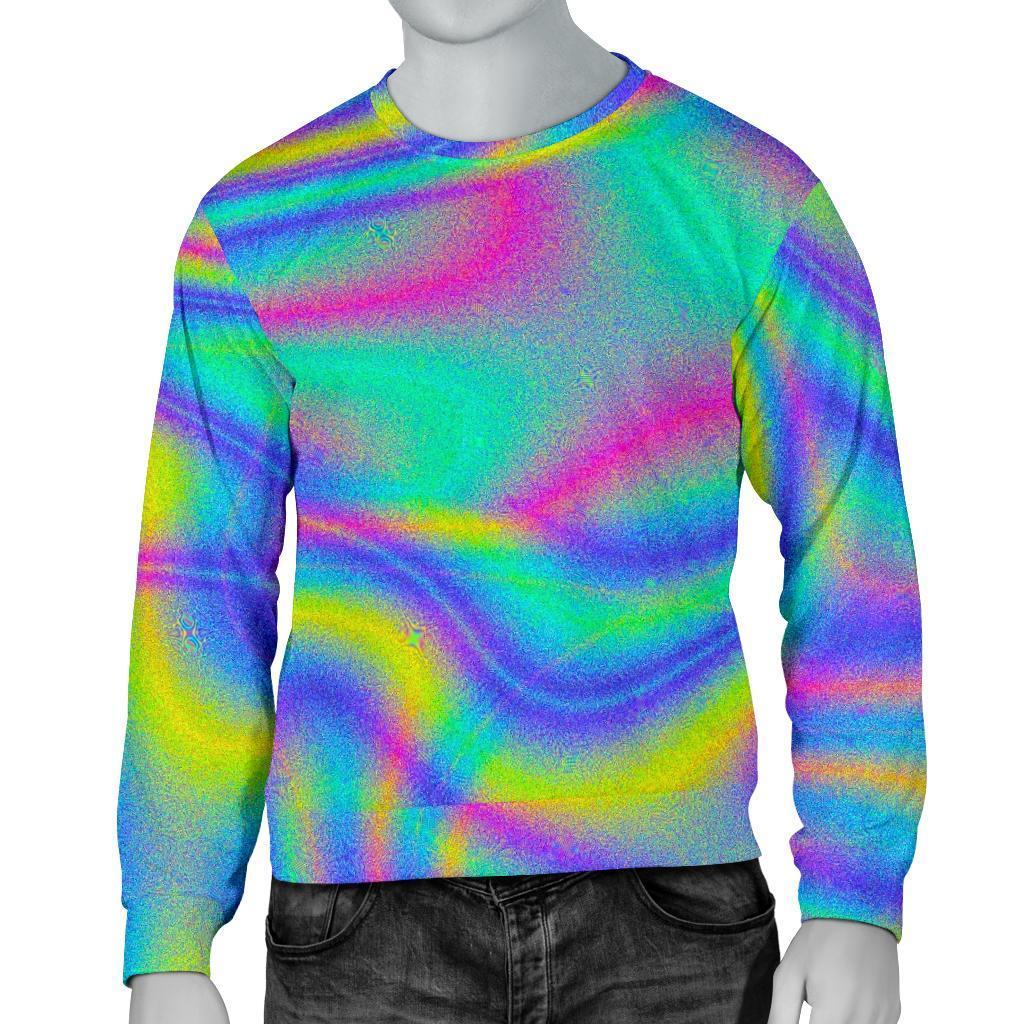 Turquoise Holographic Trippy Print Men's Crewneck Sweatshirt GearFrost