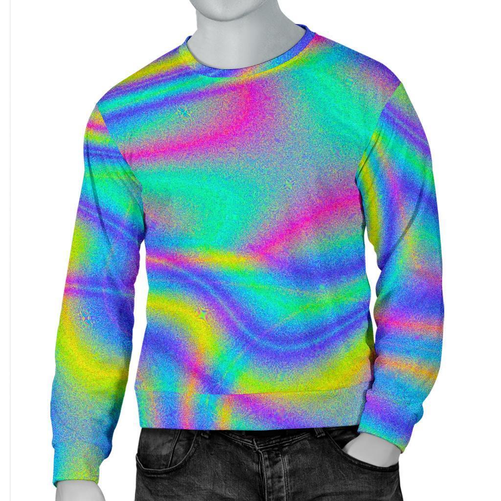 Turquoise Holographic Trippy Print Men's Crewneck Sweatshirt GearFrost