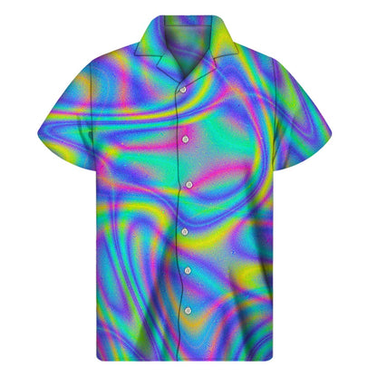 Turquoise Holographic Trippy Print Men's Short Sleeve Shirt