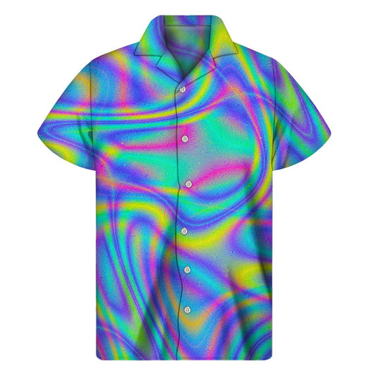 Turquoise Holographic Trippy Print Men's Short Sleeve Shirt